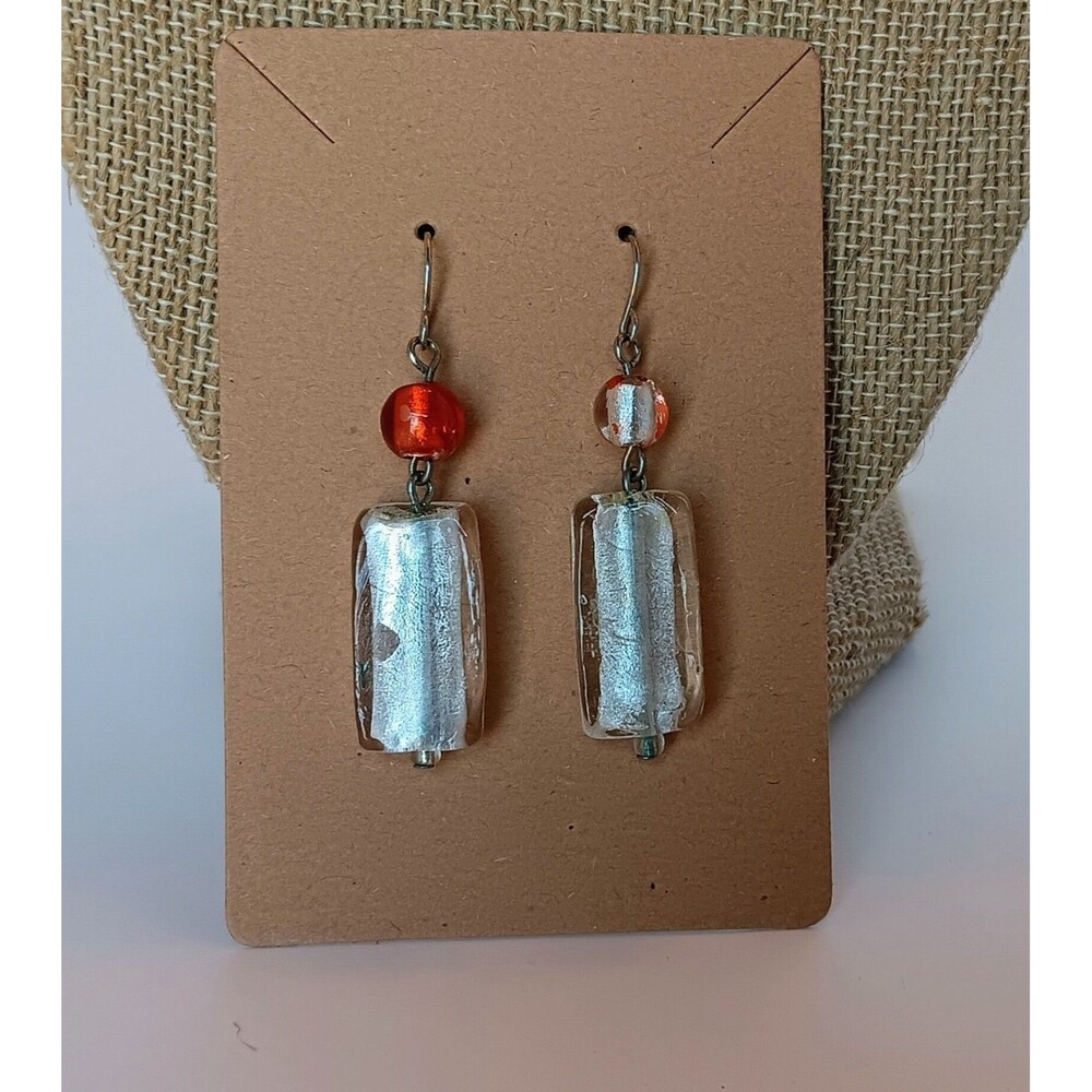 Handmade Cottage Silvertone Orange & Silver Foiled At Glass Dangle Earrings 2 in